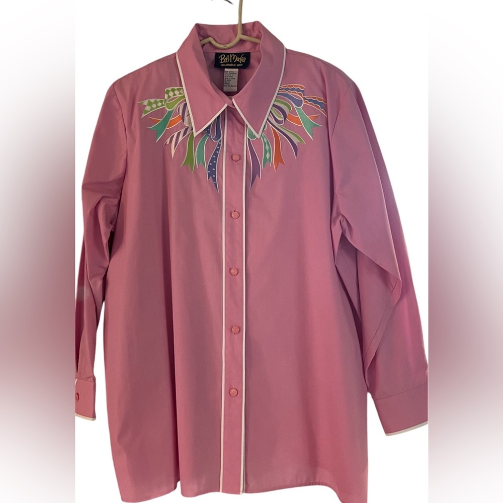 Bob Mackie Wearable Art - Pink, Collared, Button Down Shirt with embroidery